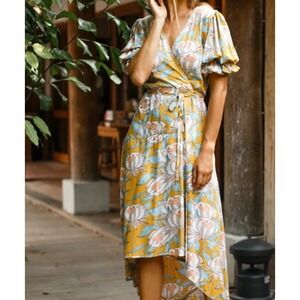 ELF Set Sail Puff Sleeve Wrap Dress smocked detailing hi-lo hem ultra Parisienne